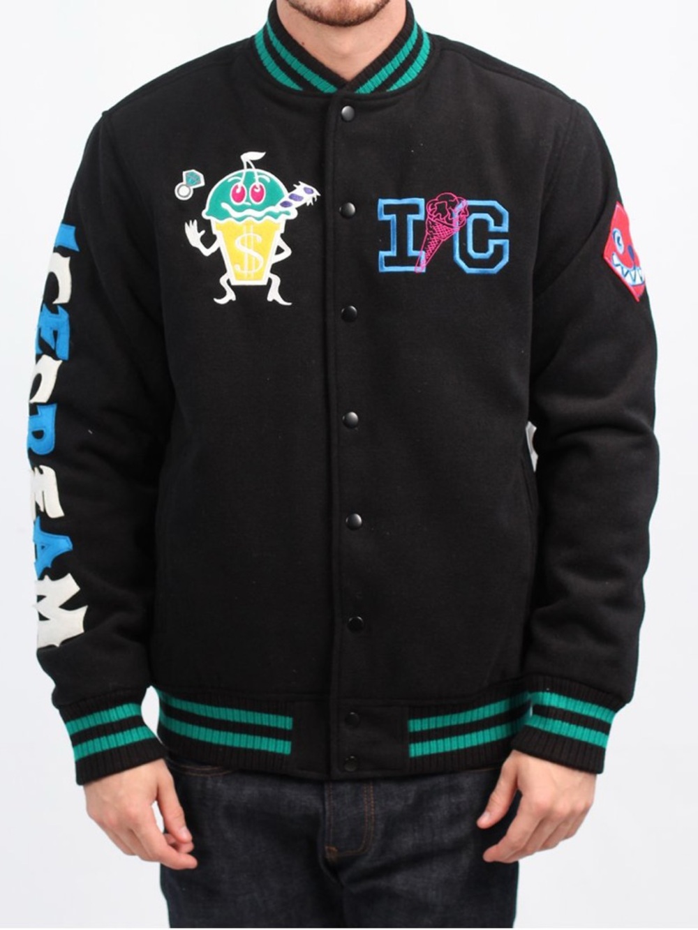 Icecream IC Crew Varsity Jacket Black Snap Front Graphic Patch Large